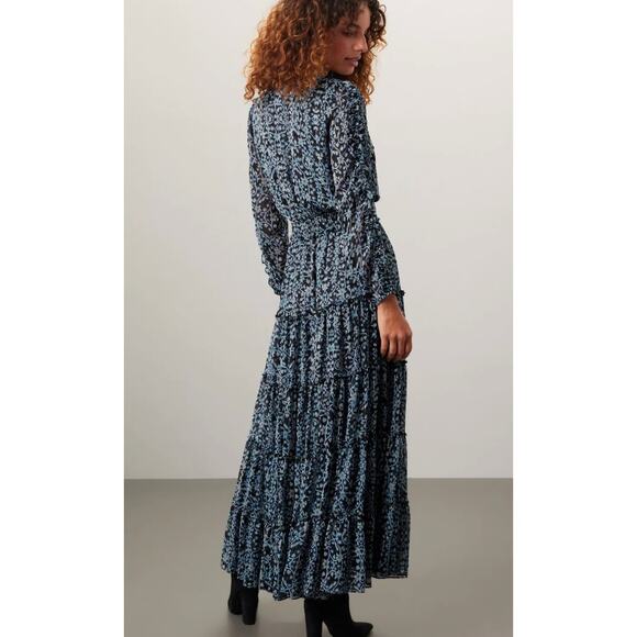 Misa Blue Tiered Ruffle Maxi Dress LARGE Chiffon Cottage Western Designer $485 - Picture 3 of 9